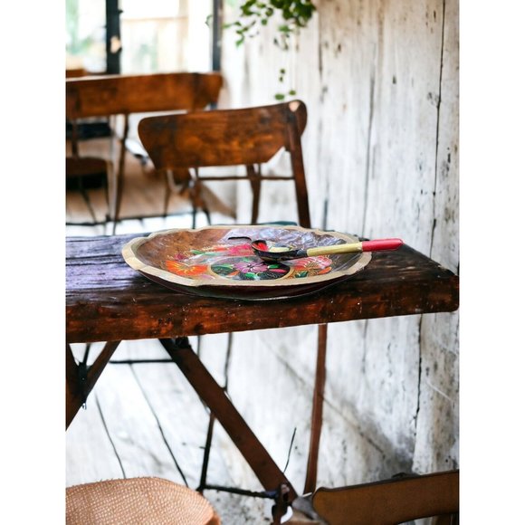 Vtg Russian Wooden Bowl Spoon Set Hand Painted USSR Khokhloma Tray Floral Fruit - Picture 8 of 8